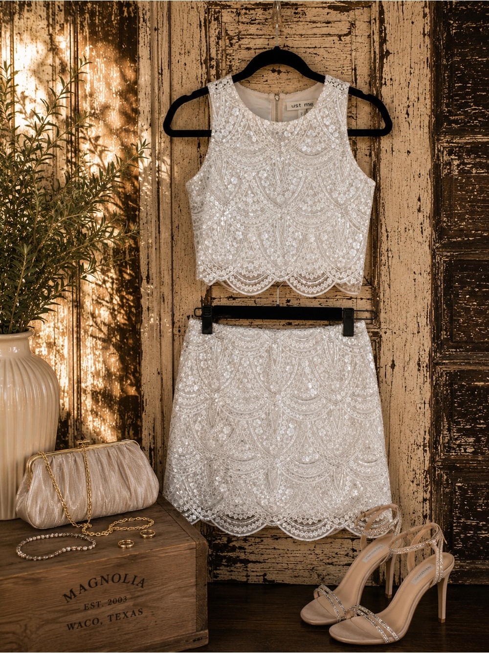 VICI You’re A Dime Sequin Skirt Set | Ivory Silver Bridal | NWT Large
